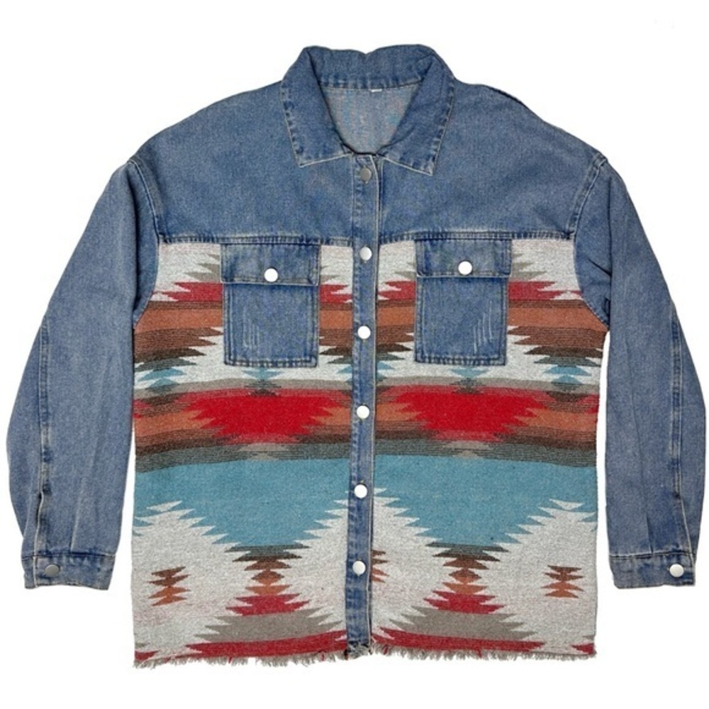 Denim Southwest Colorful Blanket Weave Navaho Jacket Oversize Aztec XL chouyatou
